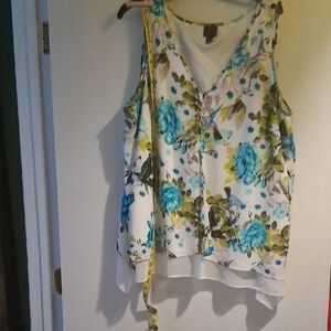 Worthington Floral V-Neck Blouse - Blue and Yellow